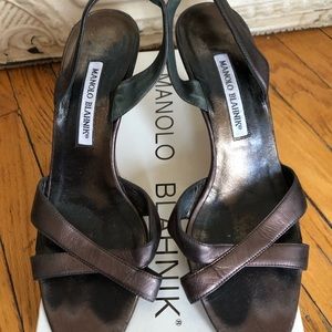 Manolo Blahnik pewter crisscross slingbacks